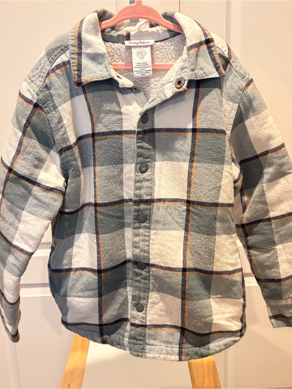 Tommy Bahama Boys M 7/8 Sherpa Lined Plaid Shacket Blue Gray